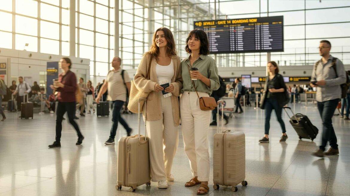 Two young female travelers with suitcases standing in a bright airport terminal, holding passports and coffee while waiting near the boarding gate