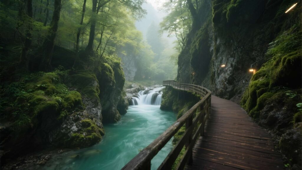 Wooden path winding through Vintgar Gorge above emerald river water surrounded by forest cliffs.