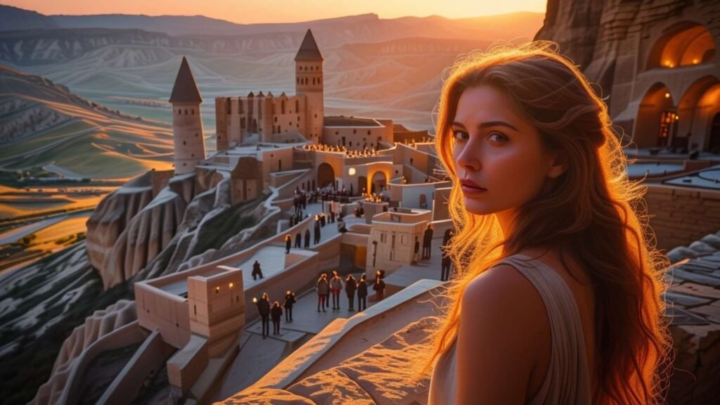 Portrait of a young woman at sunset with a Cappadocia rock fortress and panoramic valley views in the background.