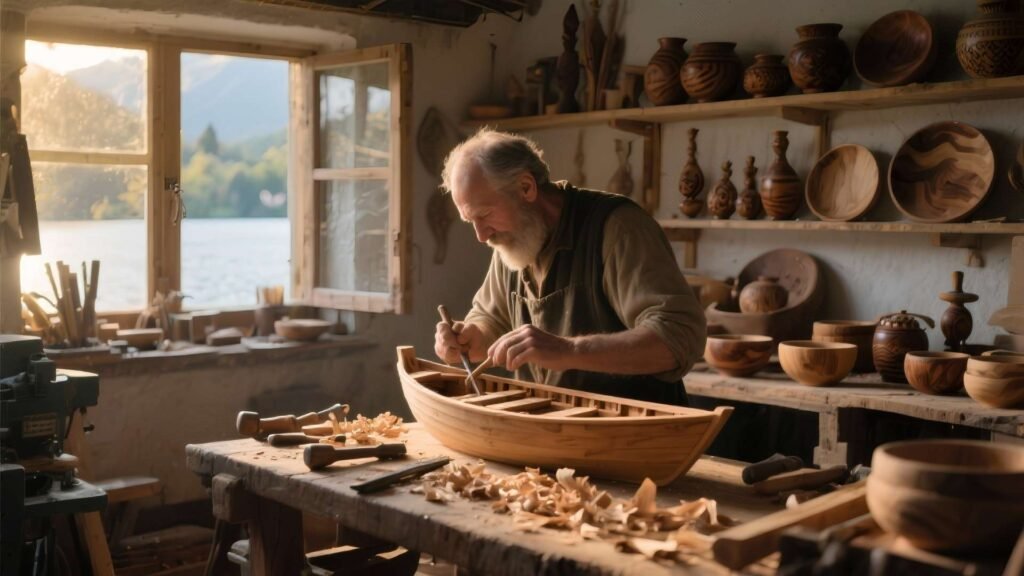 Artisan carving a miniature wooden pletna boat in a workshop near Lake Bled, Slovenia.
