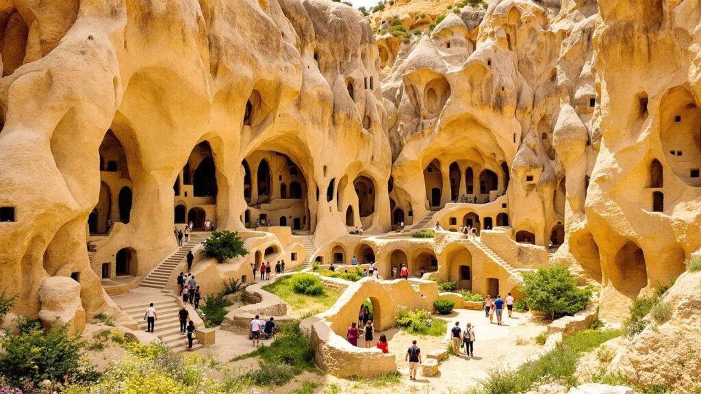 Wide-angle view of Zelve Open-Air Museum in Cappadocia with rock-cut dwellings, fairy chimneys, and visitors exploring ancient cave structures.