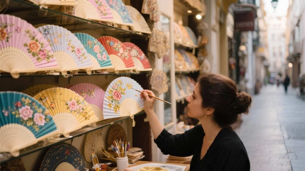 Hand-painted Spanish fans displayed in a boutique on Calle Sierpes, Seville.