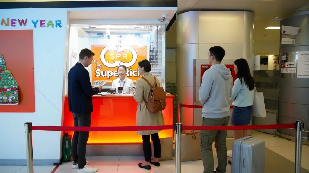 Travelers standing at the SuperRich currency exchange counter inside Bangkok Airport.