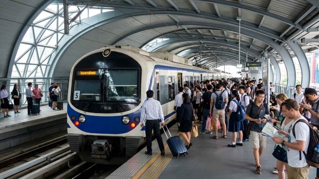 Crowds boarding the Bangkok Airport Rail Link train at a busy platform