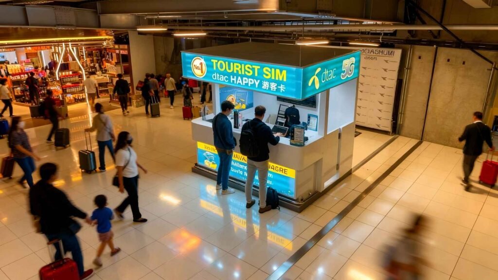 Cinematic view of Bangkok Airport SIM card kiosk with new characters and elevated DSLR angle.