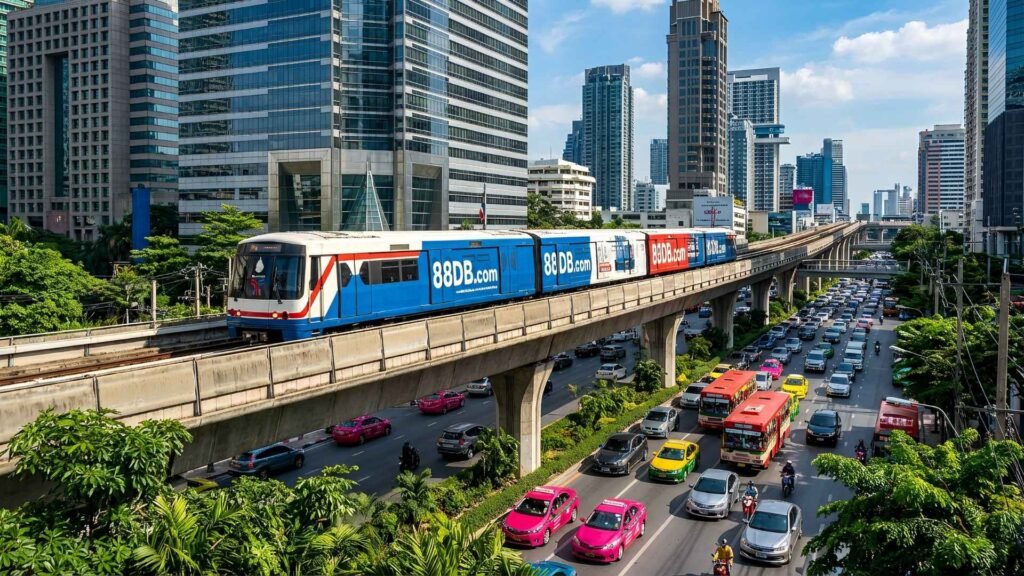 Bangkok BTS Skytrain moving above city traffic with skyscrapers in the background
