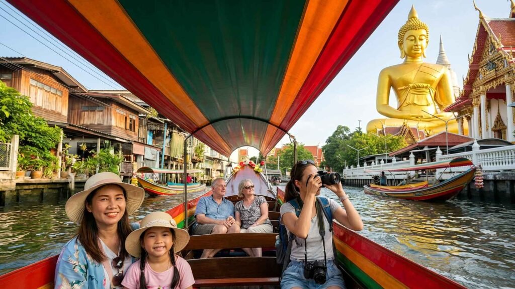 Family and tourists riding a longtail boat through Bangkok canals with Buddha statue in background