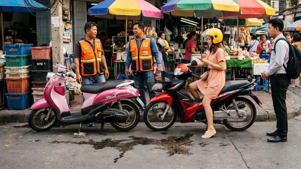 Woman with helmet preparing to ride a motorbike taxi in Bangkok market area