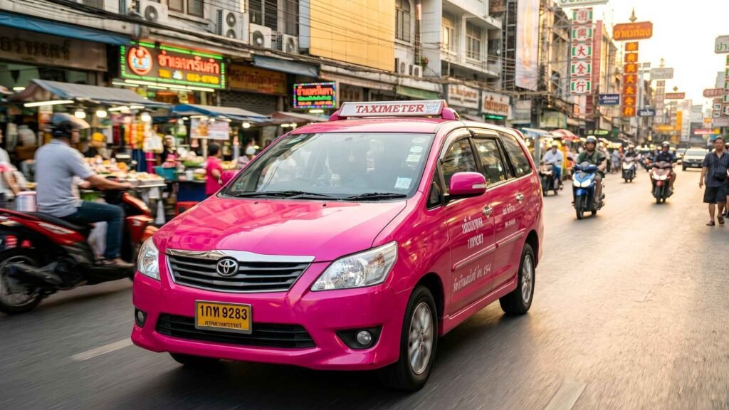 Bright pink taxi driving through lively Bangkok streets with neon market signs