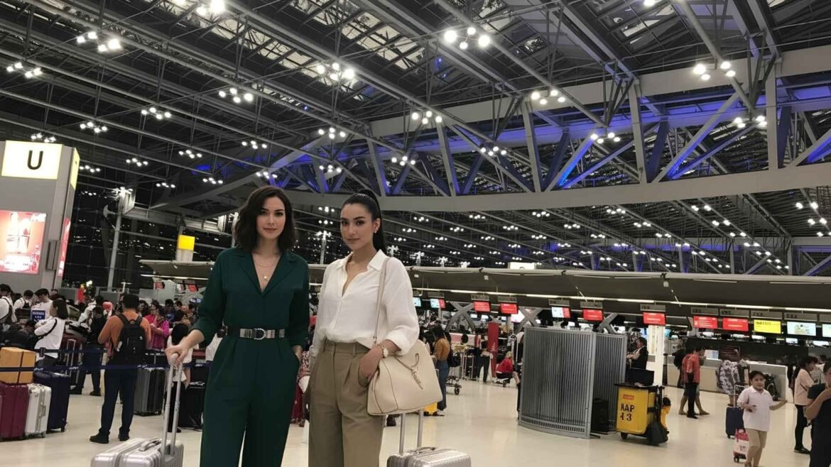 Two female travelers posing with luggage at Bangkok Suvarnabhumi Airport terminal, showcasing arrival process and travel environment.