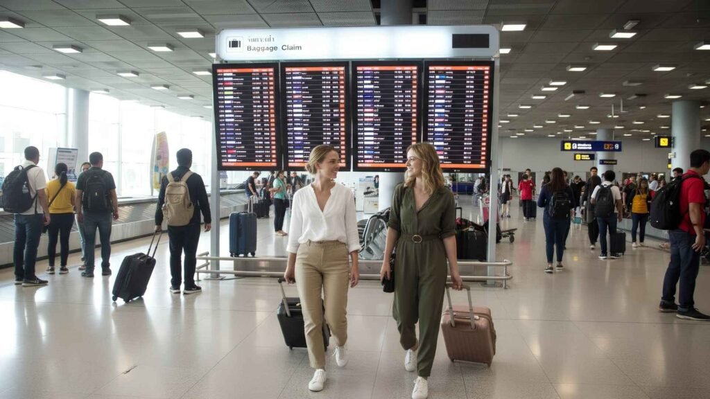 Two young female travelers walking past an LED baggage screen at Bangkok Suvarnabhumi Airport arrival hall.