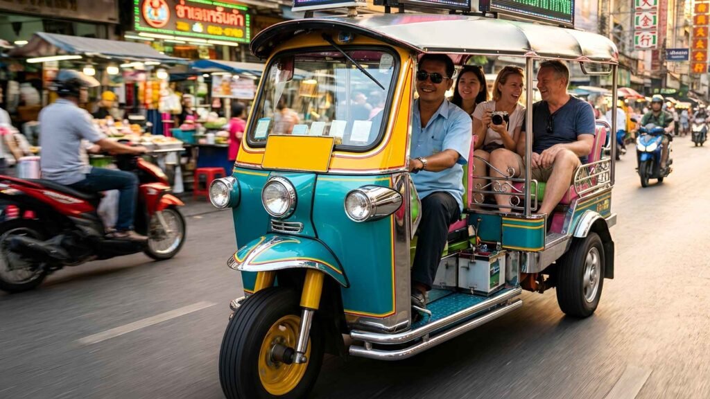 Tourists riding a colorful tuk-tuk through busy Bangkok markets