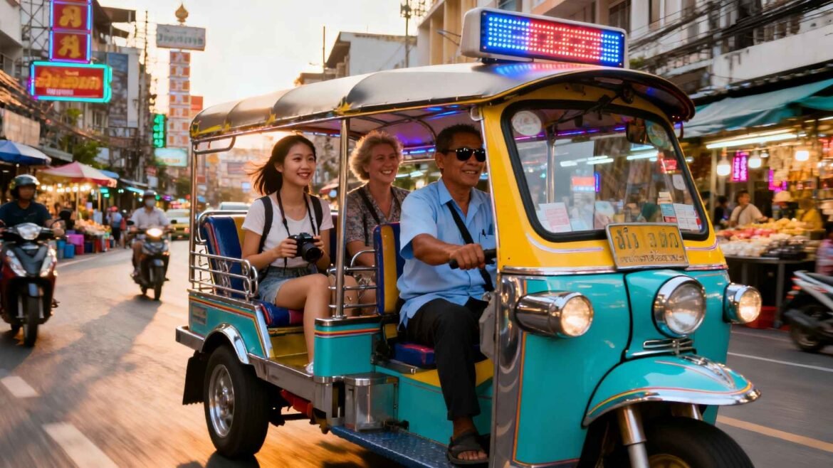 Tourists enjoying a tuk-tuk ride through lively Bangkok streets, Bangkok City Transportation Guide
