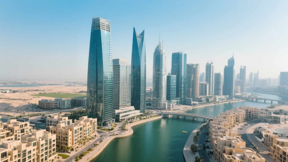 Aerial daytime view of Business Bay commercial area in Dubai