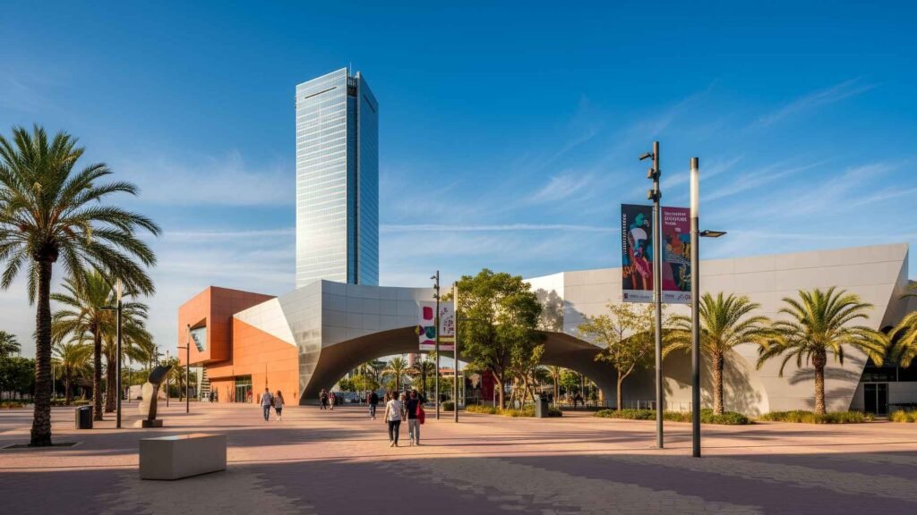 CaixaForum Sevilla modern art and culture center in Seville, Spain, photographed on a sunny day with visitors walking near the geometric terracotta façade.