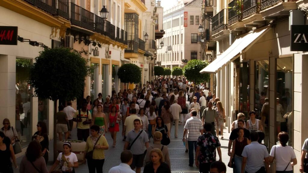 Busy daytime scene on Calle Tetuán in Seville with locals and tourists walking among boutiques and brand stores, captured from a slightly elevated angle.