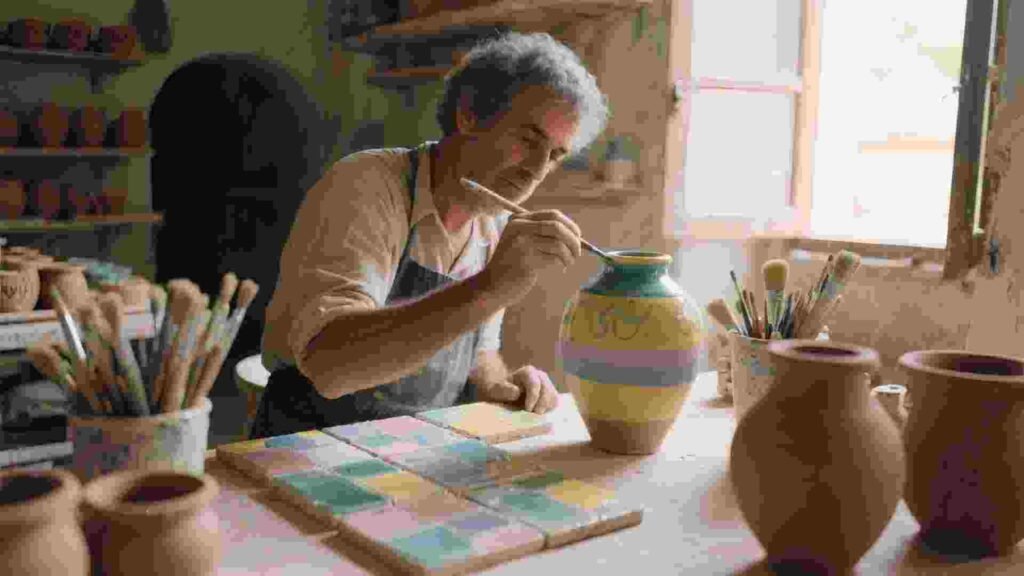 Artisan painting hand-crafted Andalusian ceramics in a traditional Triana pottery studio, Seville.