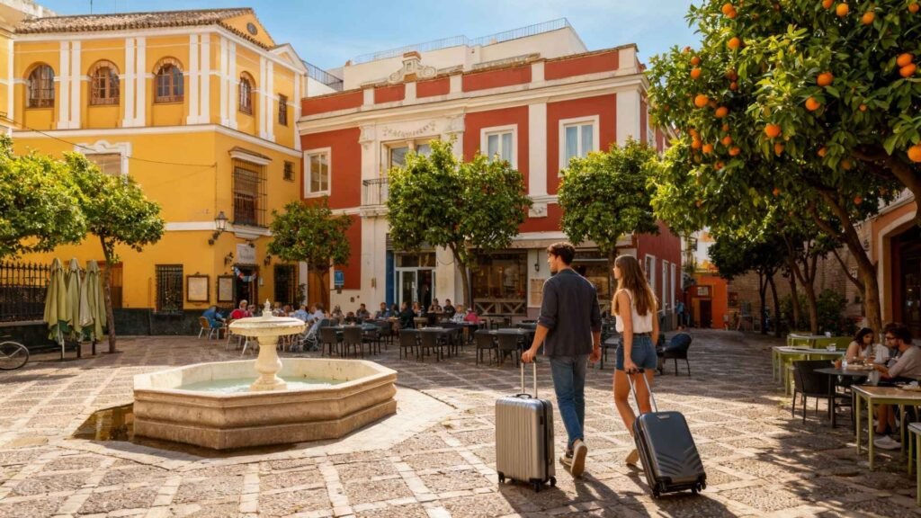 A vibrant plaza in Seville, Spain with yellow and terracotta historic façades, a stone fountain and orange trees; a couple walks with rolling suitcases toward a boutique hotel amid outdoor cafés under clear daylight.