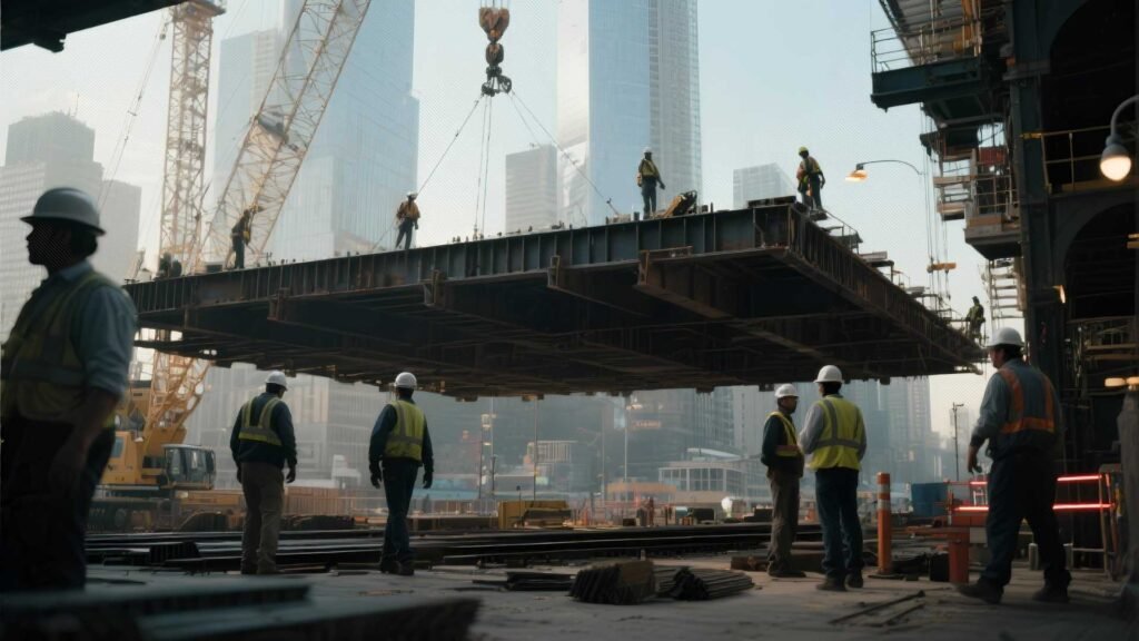 Engineers and workers at Hudson Yards Phase 2 building site constructing the steel platform above the Western Rail Yards in Manhattan.
