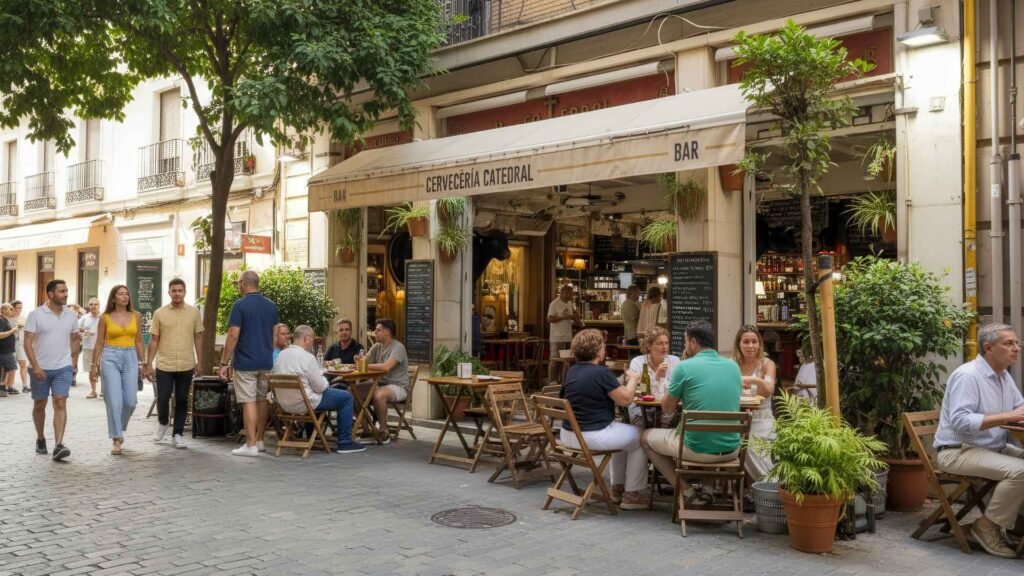 Daytime view of Cervecería Catedral tapas bar in Seville, Spain, with people dining outdoors under sunlight, surrounded by plants and local charm.