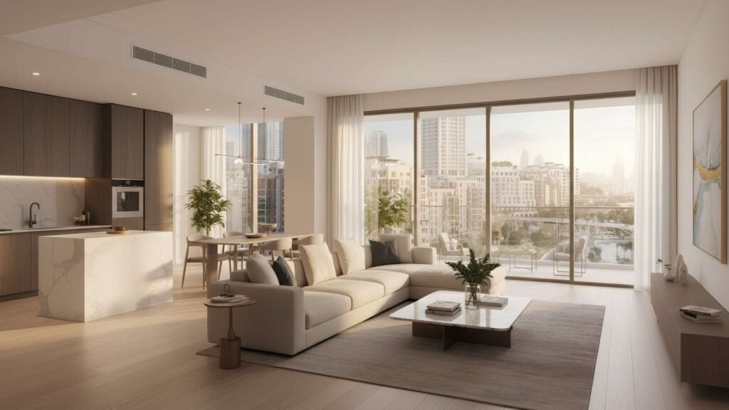 Luxury apartment interior with modern design, floor-to-ceiling windows, and marina views in Dubai Creek Harbour
