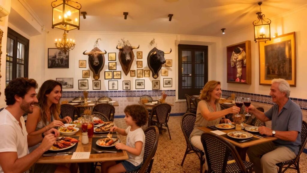 Families enjoying tapas and wine inside a traditional Andalusian restaurant in Seville, Spain, with bullfighting décor and warm golden lighting.