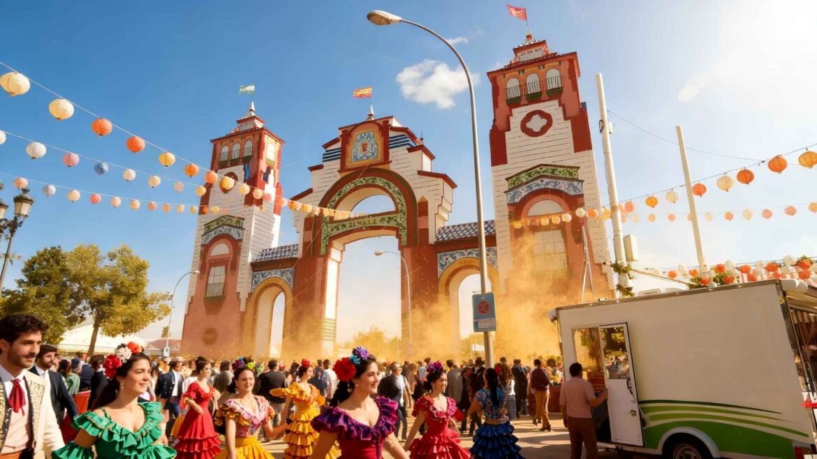 Main entrance gate of Feria de Abril in Seville, Spain, surrounded by a festive crowd in traditional Andalusian clothing under a clear blue sky.