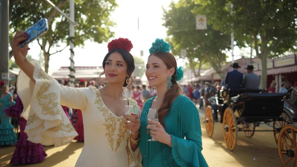 Two stylish young women with dark and auburn hair take a selfie during Feria de Abril in Seville, wearing elegant flamenco dresses under golden Mediterranean light.