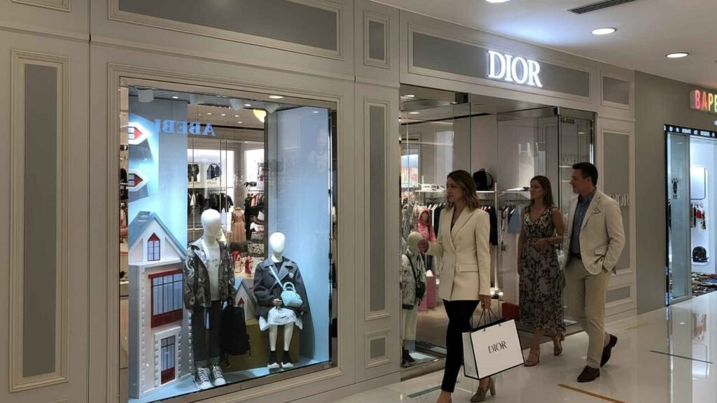 Shoppers walking past the Dior boutique inside Harbour City Hong Kong.