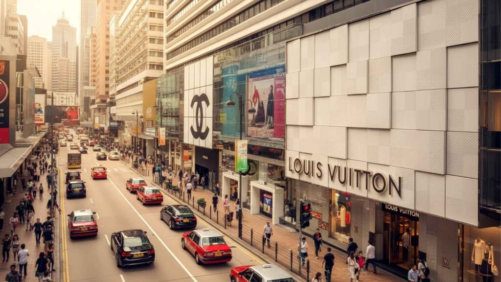 A bustling street scene featuring Louis Vuitton and Chanel stores outside Harbour City Hong Kong.