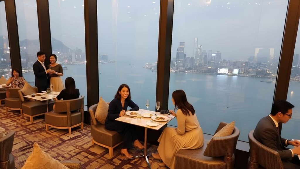 Guests enjoying dinner with panoramic Victoria Harbour views at Harbour City’s sky lounge.