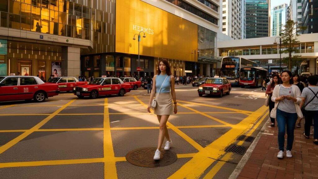A stylish woman walking across the street near Harbour City’s Hermes store in Hong Kong.