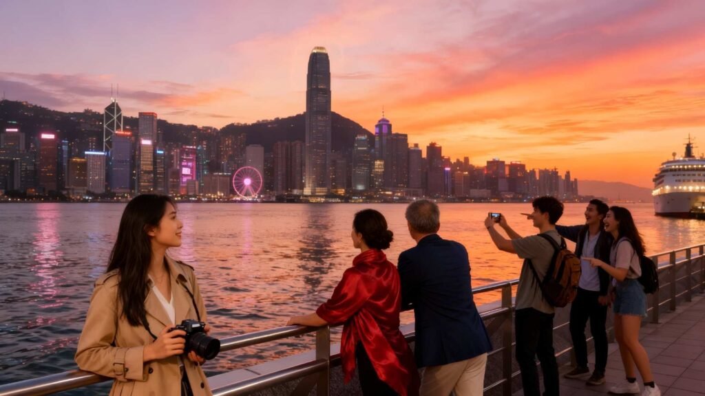 People enjoying the golden-hour view of Victoria Harbour from Harbour City’s promenade.