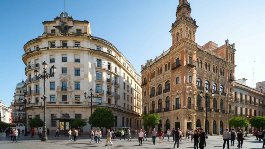 A lively city square in Seville’s El Arenal district with people walking under bright daylight, surrounded by ornate historic buildings — one cream-colored curved structure and one terracotta façade with Baroque architectural detailing.
