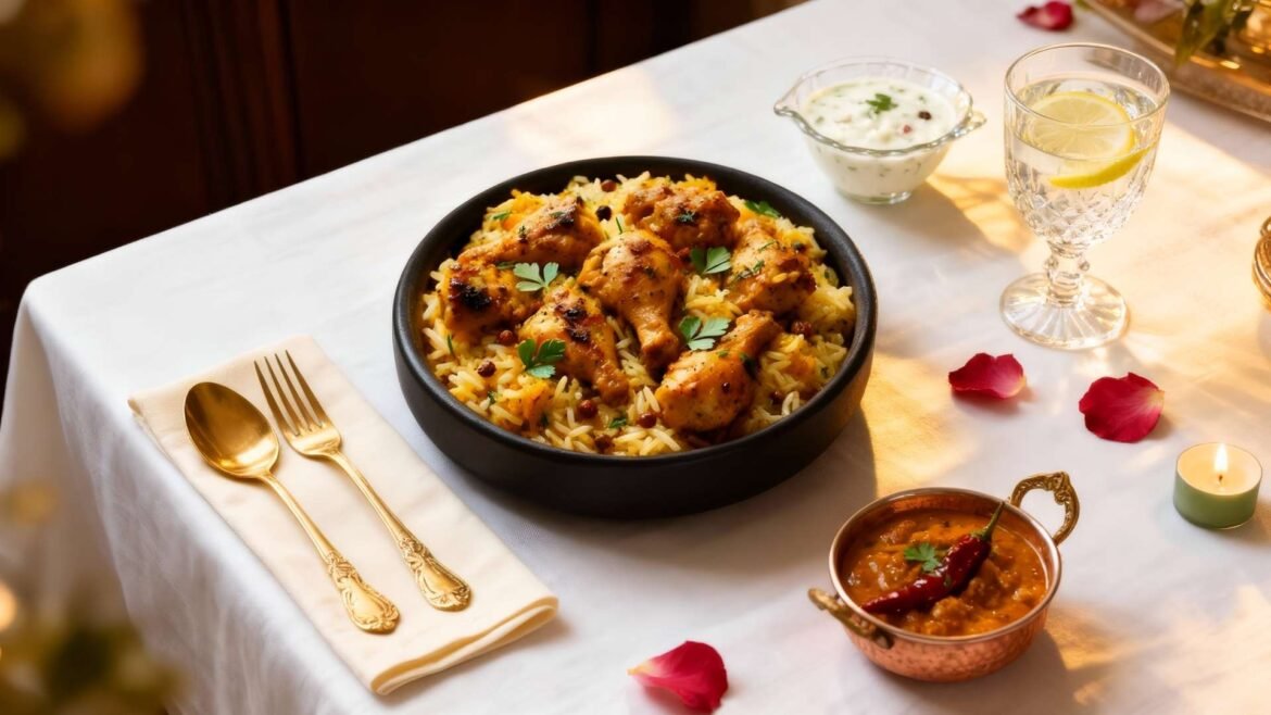 A bowl of homemade Hyderabadi Biryani served on a white tablecloth with golden cutlery, curry, yogurt raita, a glass of lemon water, and rose petals in warm candlelight.