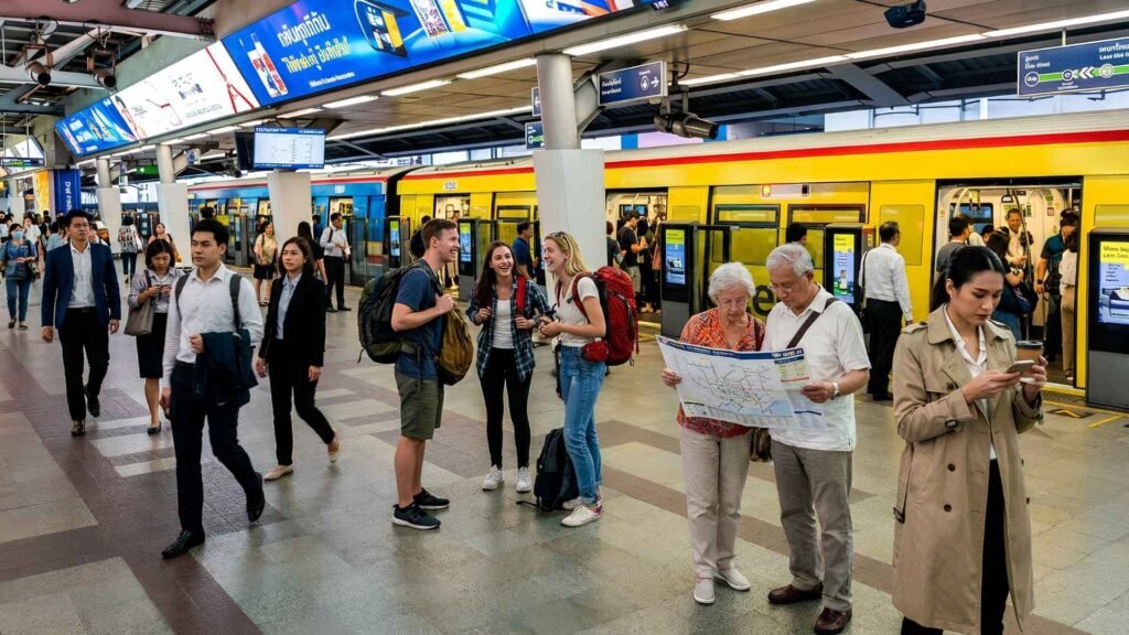 Crowds of Bangkok commuters and tourists inside a busy MRT station