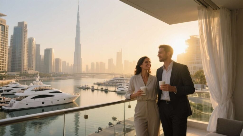 Elegant international couple enjoying coffee on a luxury apartment balcony overlooking Dubai Creek Harbour marina at golden hour, symbolizing the UAE Golden Visa lifestyle.