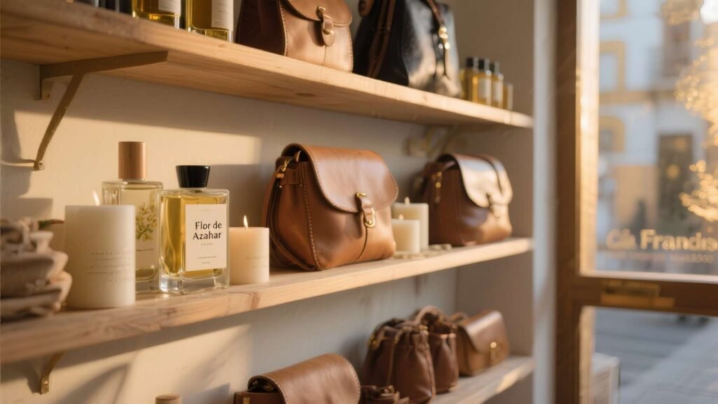 Leather goods and orange blossom perfumes displayed in a boutique on Calle Francos, Seville.