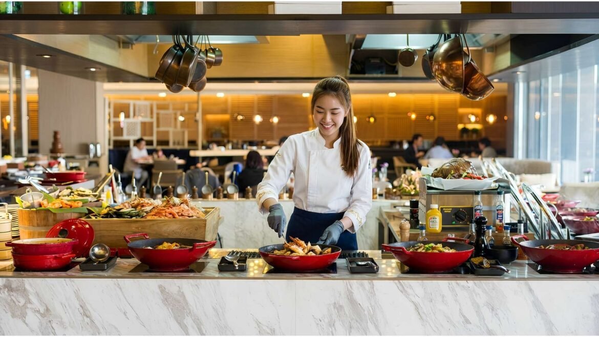 Young female chef cooking seafood in a luxury hotel open kitchen with red pans, marble counters, and elegant restaurant lighting.