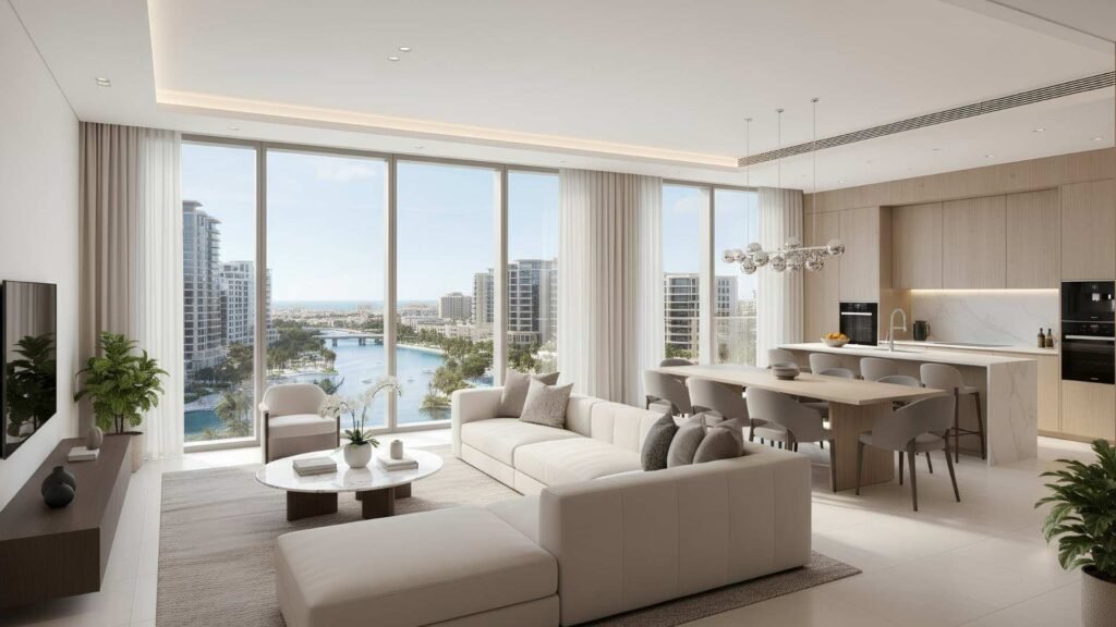 Modern luxury apartment interior with panoramic floor-to-ceiling windows overlooking Dubai Creek Harbour marina, elegant open kitchen, and minimalist living room design.
