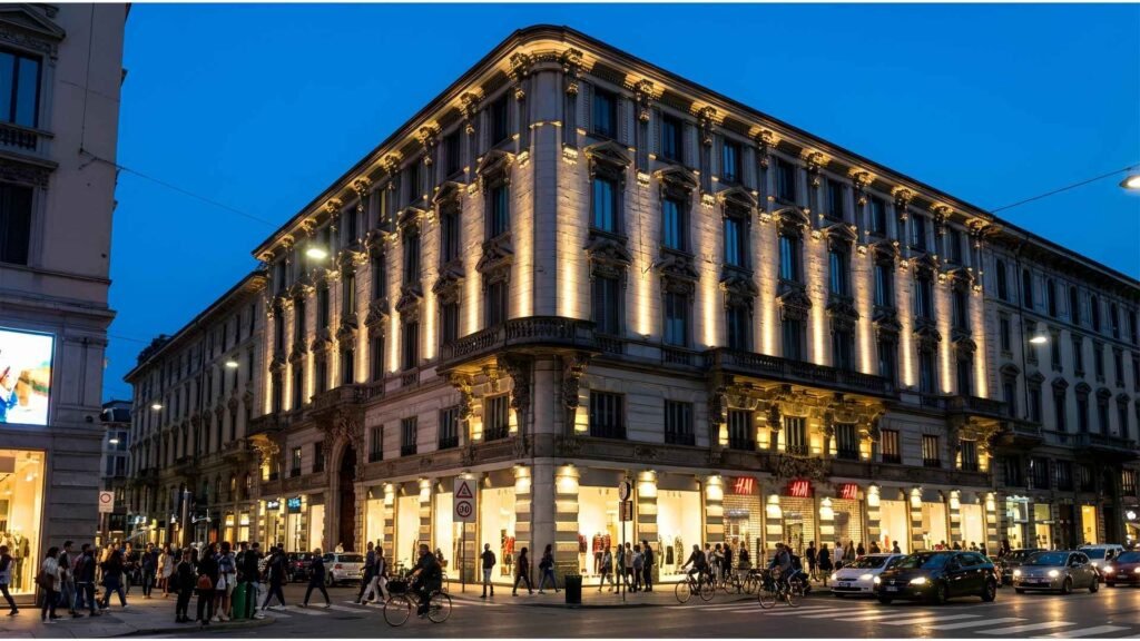 Evening blue-hour view of a historic illuminated building in Milan with the H&M store, pedestrians, cyclists, and cars at a busy intersection.