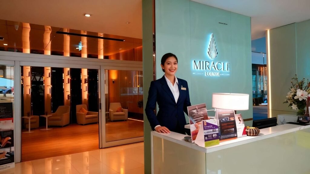 Cinematic interior view of Miracle Lounge at Suvarnabhumi Airport with reception staff.