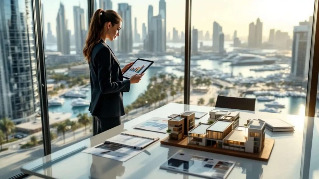 Female professional standing by the window with tablet, overlooking Dubai Marina skyline and yachts