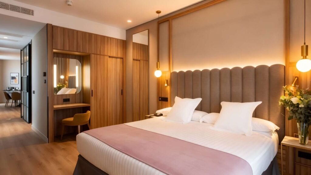 A modern boutique hotel room in Seville featuring a large king-size bed, soft textured headboard, pastel throw blanket, wood accent furniture, hanging pendant lights, and a fresh floral arrangement, captured in warm ambient lighting.