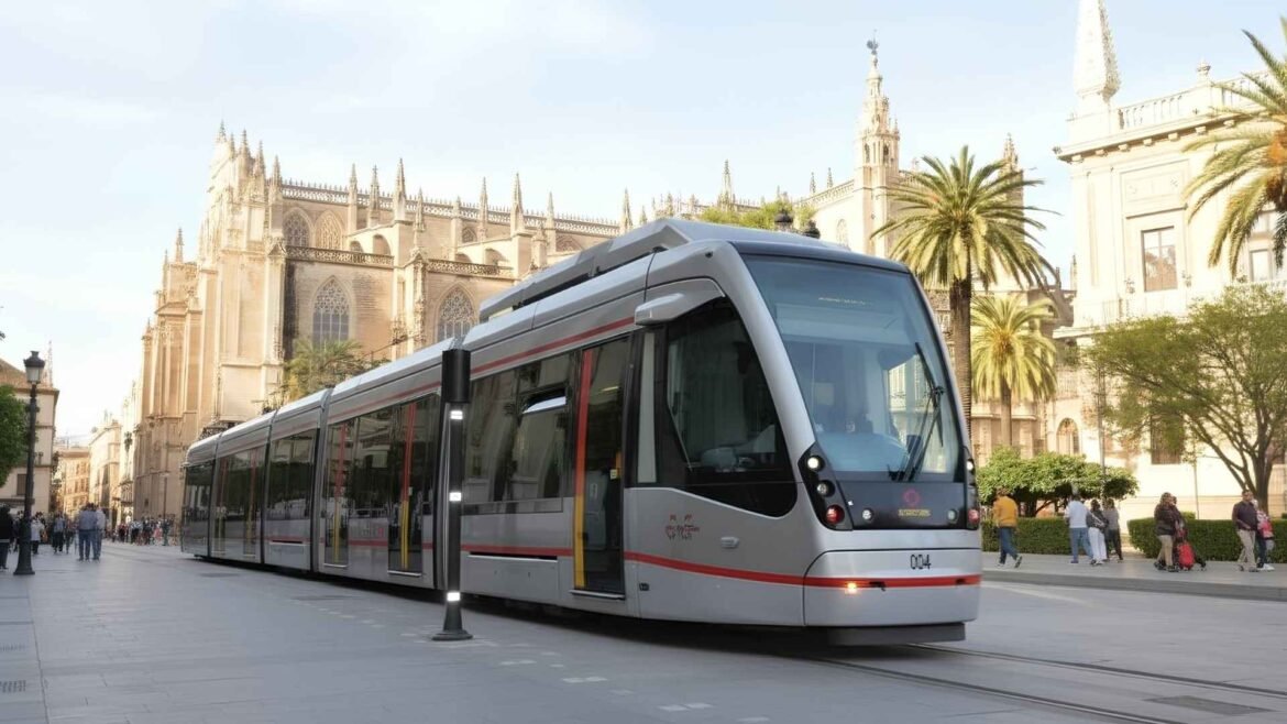 A modern Seville tram gliding through the historic city center at golden hour with the Cathedral in the background, surrounded by locals and travelers under warm Andalusian sunlight.