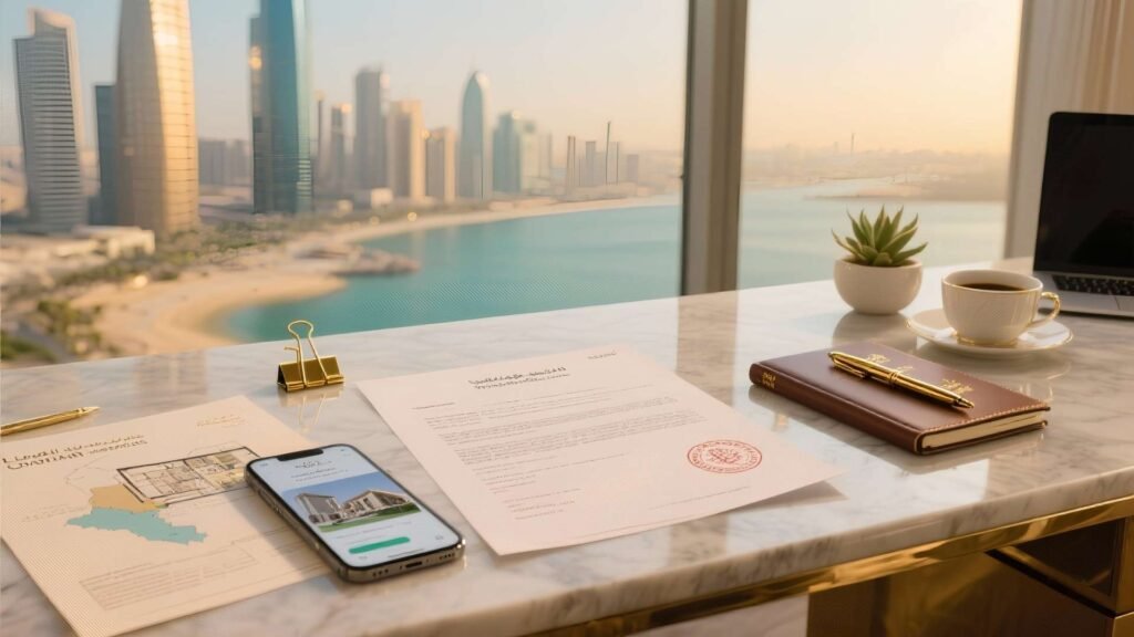 A luxury tabletop scene showing Qatar property purchase documents, floor plans, a real estate brochure, passport, Arabic coffee, and investment materials on a marble desk.