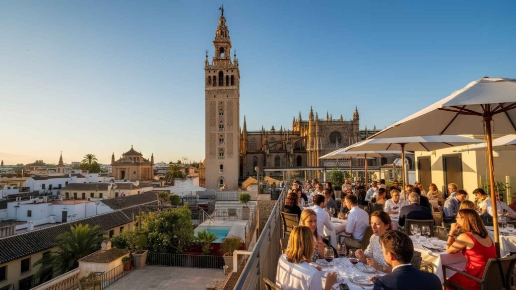 Wide-angle rooftop terrace view in Seville, Spain, showing diners under white umbrellas with La Giralda and Seville Cathedral in the background at golden hour.