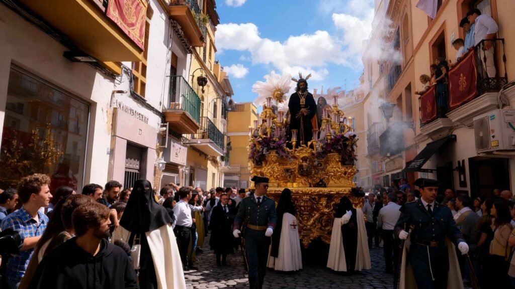 Semana Santa procession in Seville, Spain, showing a golden religious float with a statue of Christ surrounded by crowds in a narrow old town street.
