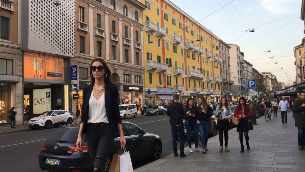 A fashionable young woman walking with shopping bags on Corso Buenos Aires in Milan, with colorful buildings, stores, and pedestrians in the background.