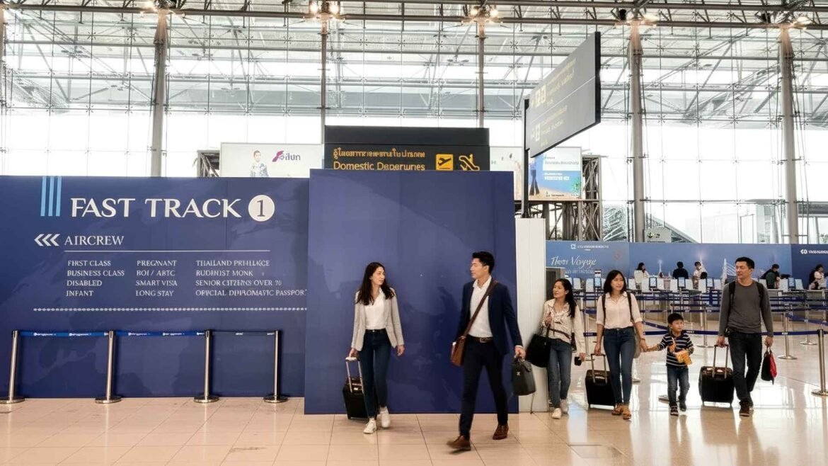 Suvarnabhumi Airport Fast Track entrance area with passengers walking by.